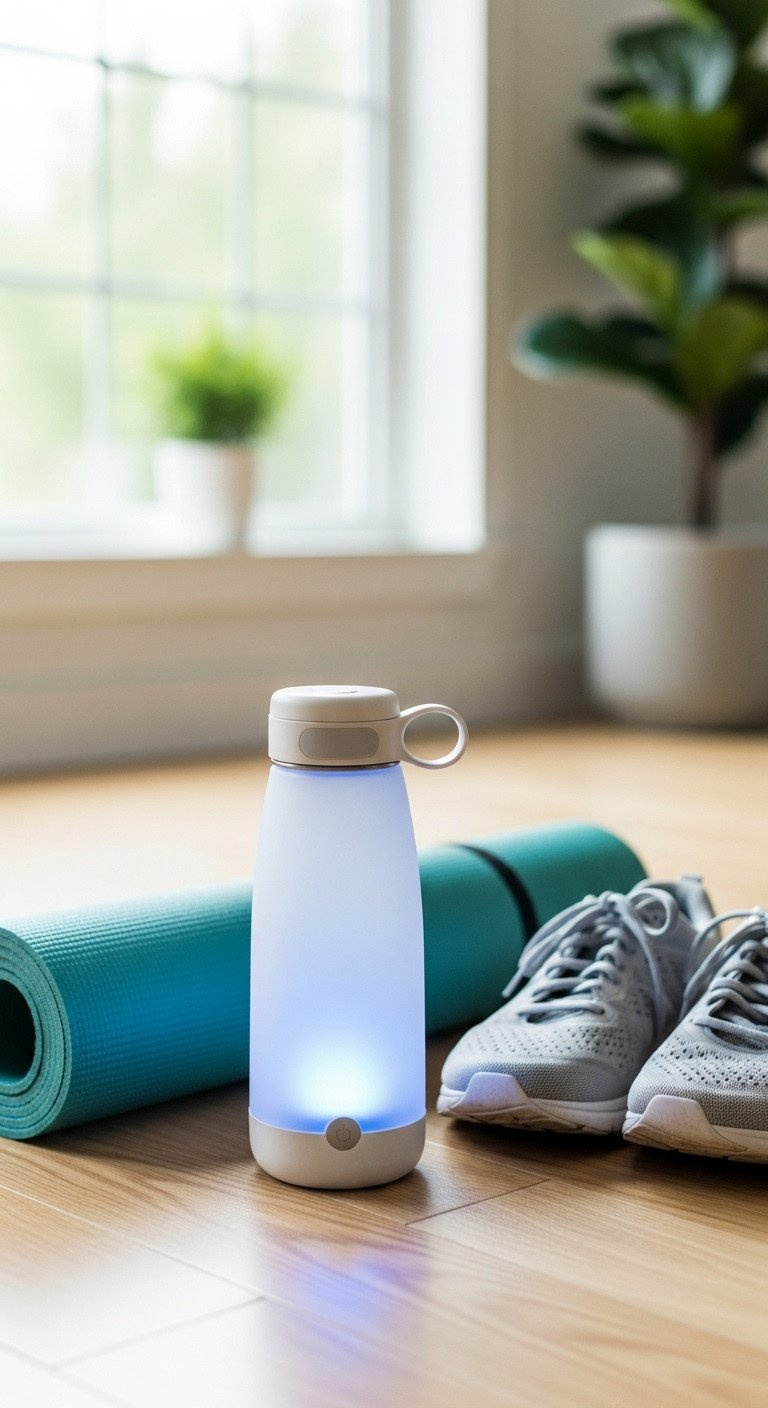 White smart water bottle with a blue glow on a wood floor next to a rolled-up teal yoga mat and running shoes.