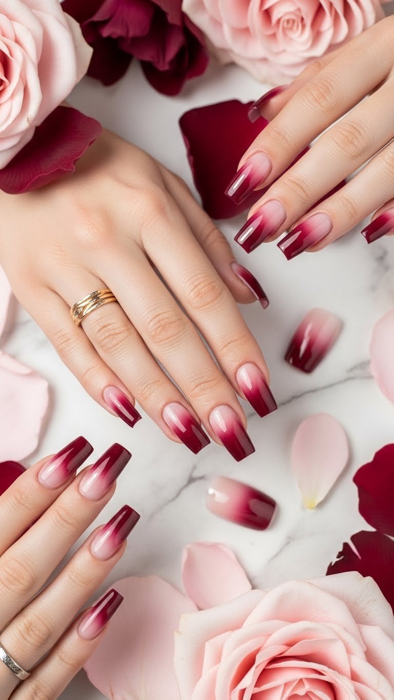 Wine red ombre gradient nails with squared tips, transitioning to pink on white marble with flower petals.
