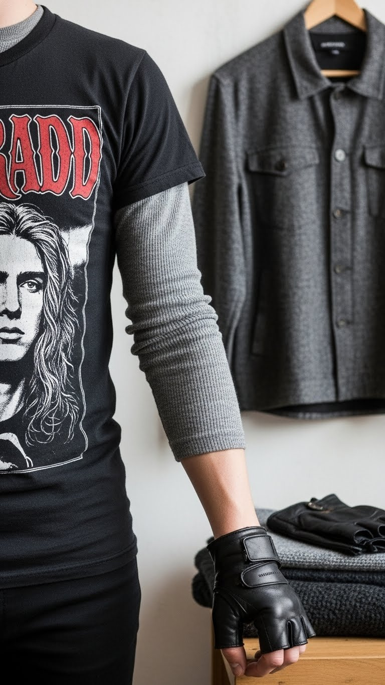 Winter grunge smart layering: close-up of thin thermal, band tee, loose jacket, showing fabrics, textures, and clean seams.