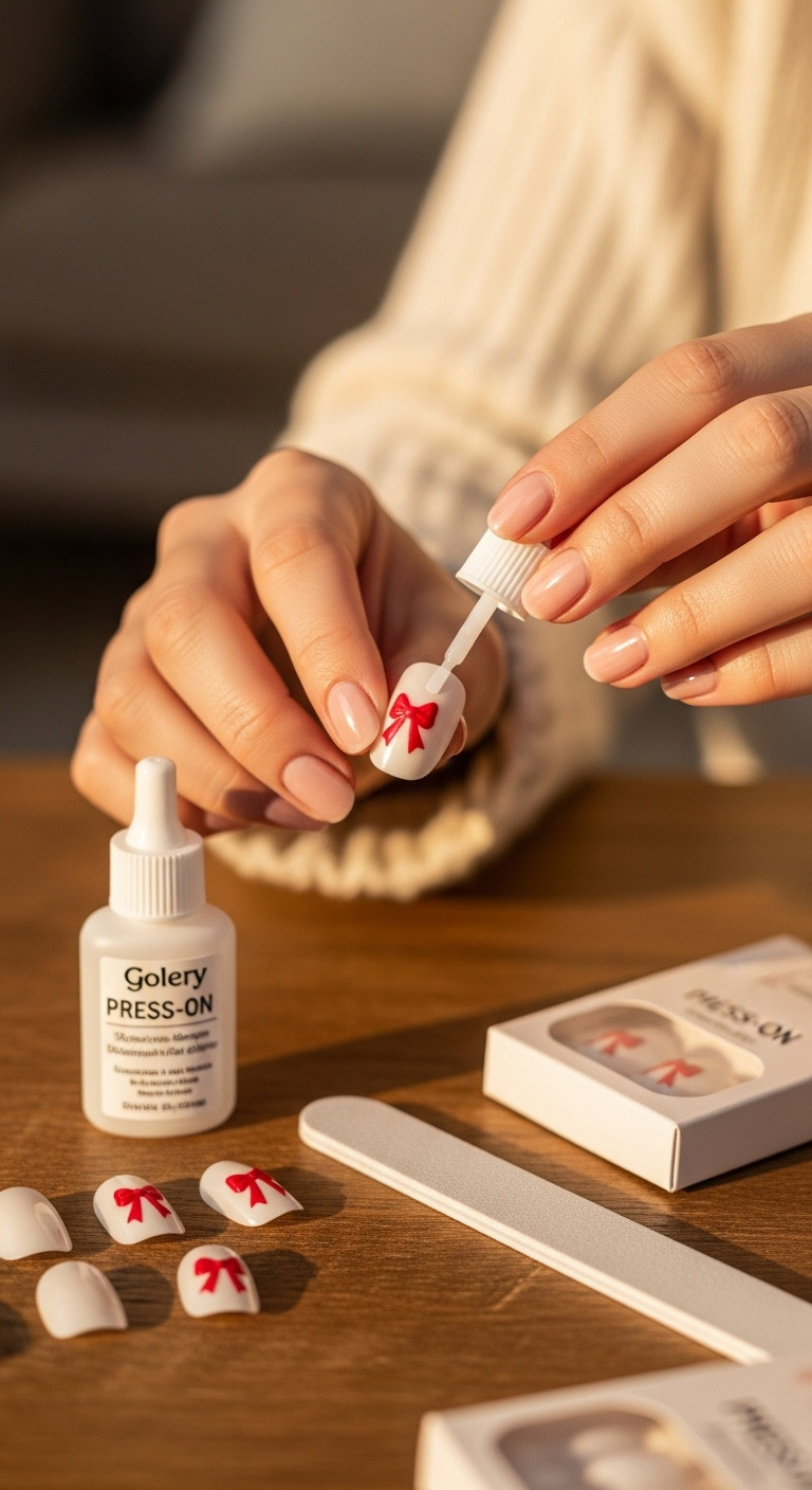 Woman applying milky white press-on nail with red Christmas bow design on a rustic table. DIY holiday manicure.