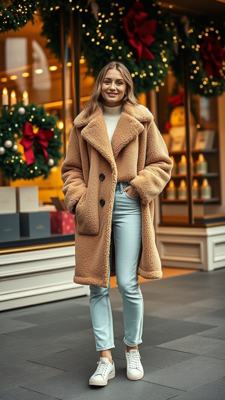 Woman from behind in a black puffer jacket, leggings, and a red beanie at an outdoor winter festival.