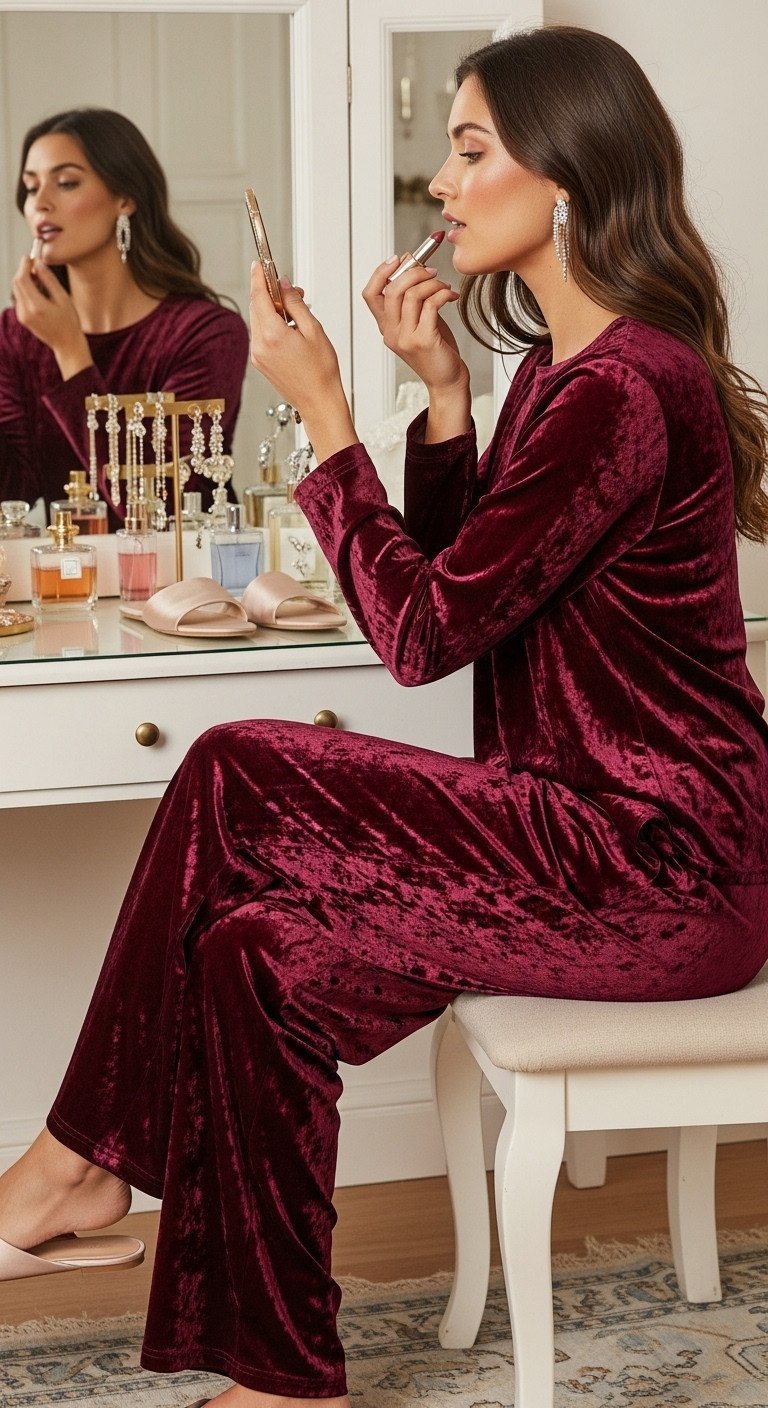 Woman in a burgundy crushed velvet lounge set applies lipstick while looking in a vintage mirror at her vanity.