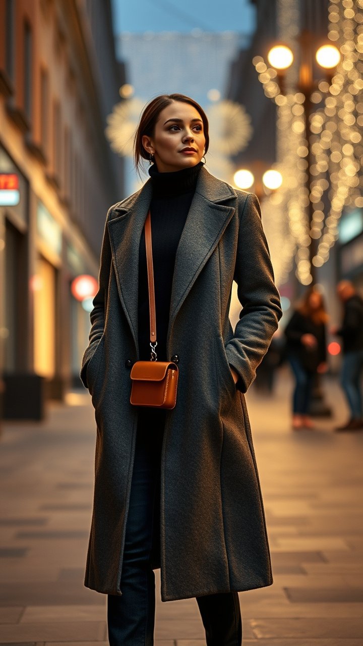 Woman in a camel teddy coat, straight-leg jeans, and white sneakers smiling in front of a festive storefront.