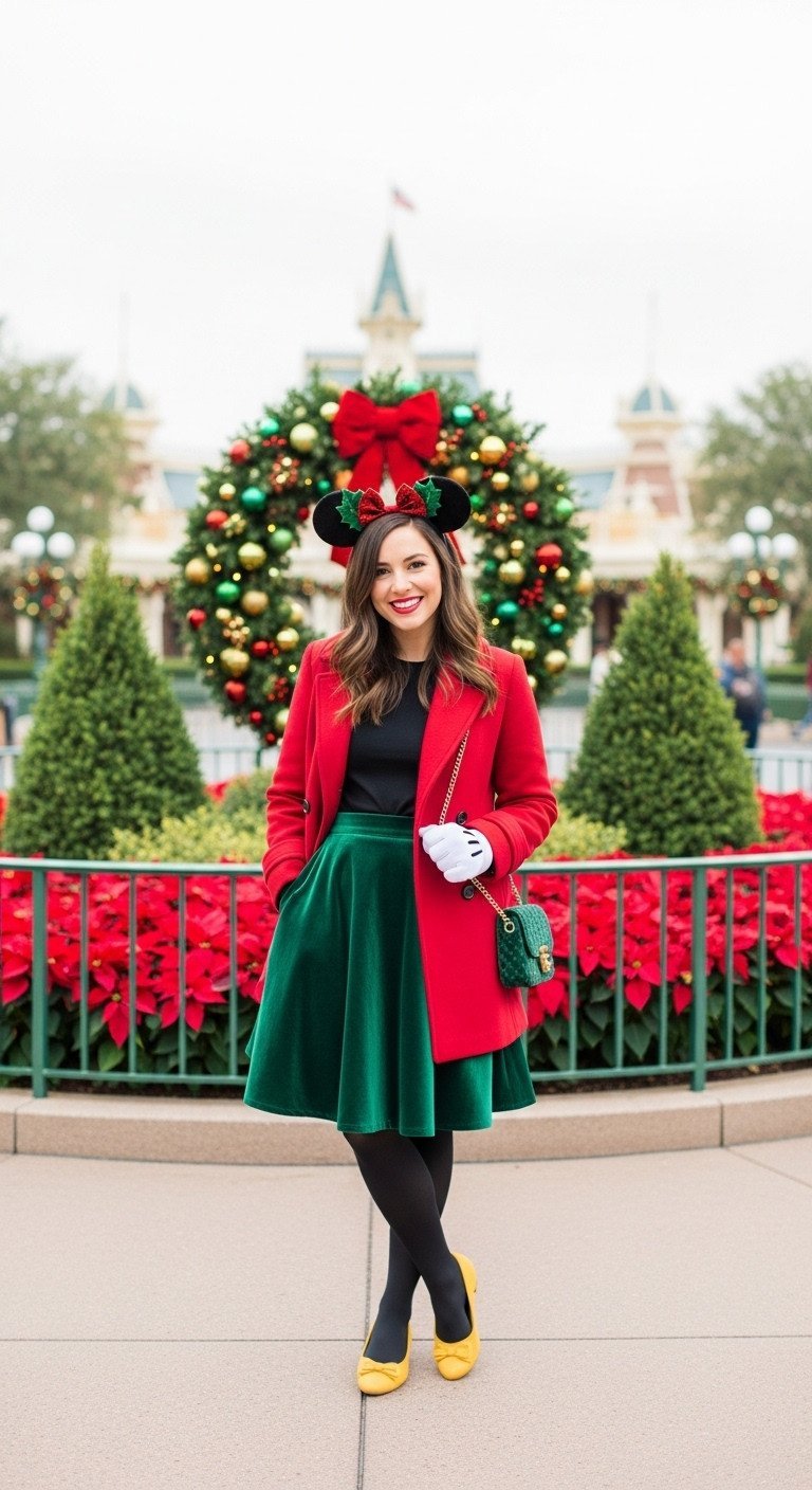 Woman in a chic Minnie Mouse Christmas Disneybound outfit with a red peacoat and green velvet skirt poses in the park.