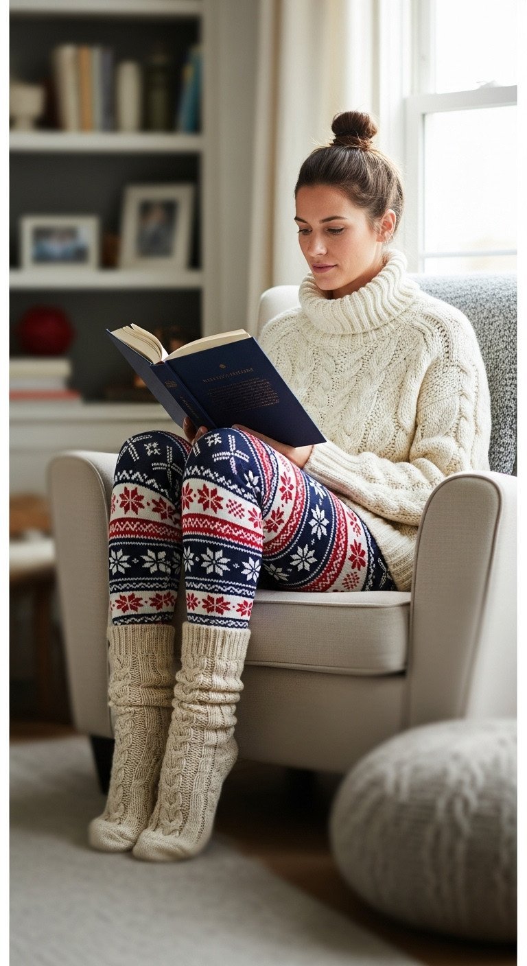 Woman in a chunky cream sweater and Fair Isle leggings reads a book in a cozy armchair in a reading nook.