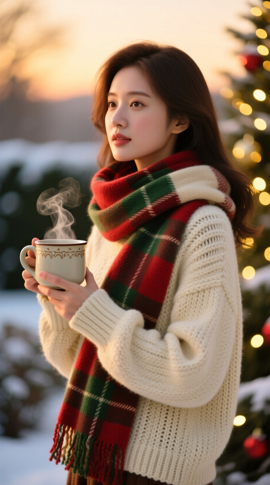 Woman in a chunky gray cardigan and beanie drinking hot chocolate on a bench under warm string lights at night.