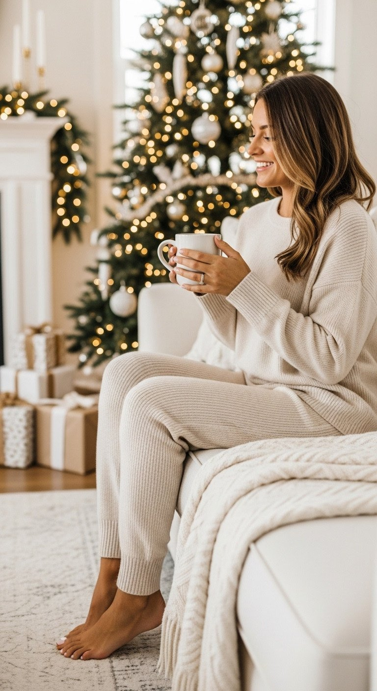 Woman in a cozy cream cashmere jogger set relaxing on a sofa with a coffee mug by a decorated Christmas tree with warm lights.