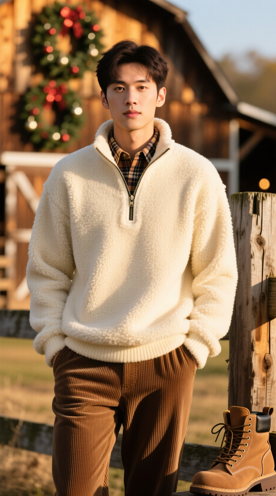 Woman in a cozy cream half-zip sherpa pullover and corduroy pants, leaning against a fence in a rustic farm setting.