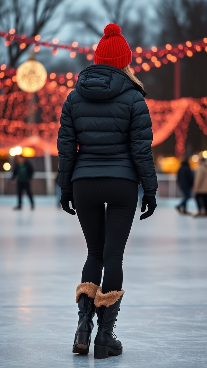 Woman in a forest green sweater dress and brown suede boots walking on a festive street with bokeh lights.