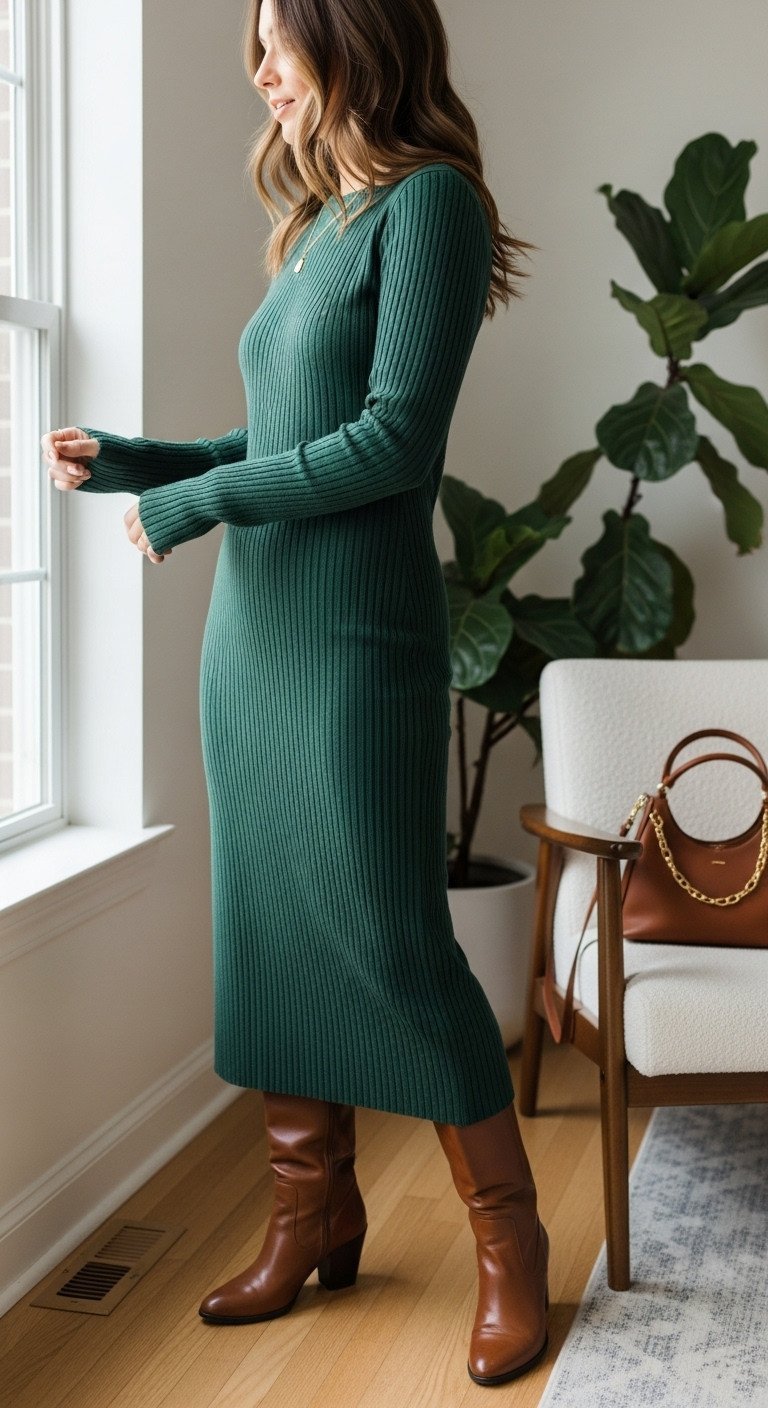 Woman in a minimalist room wearing an elegant forest green ribbed knit midi dress and tall brown leather boots.
