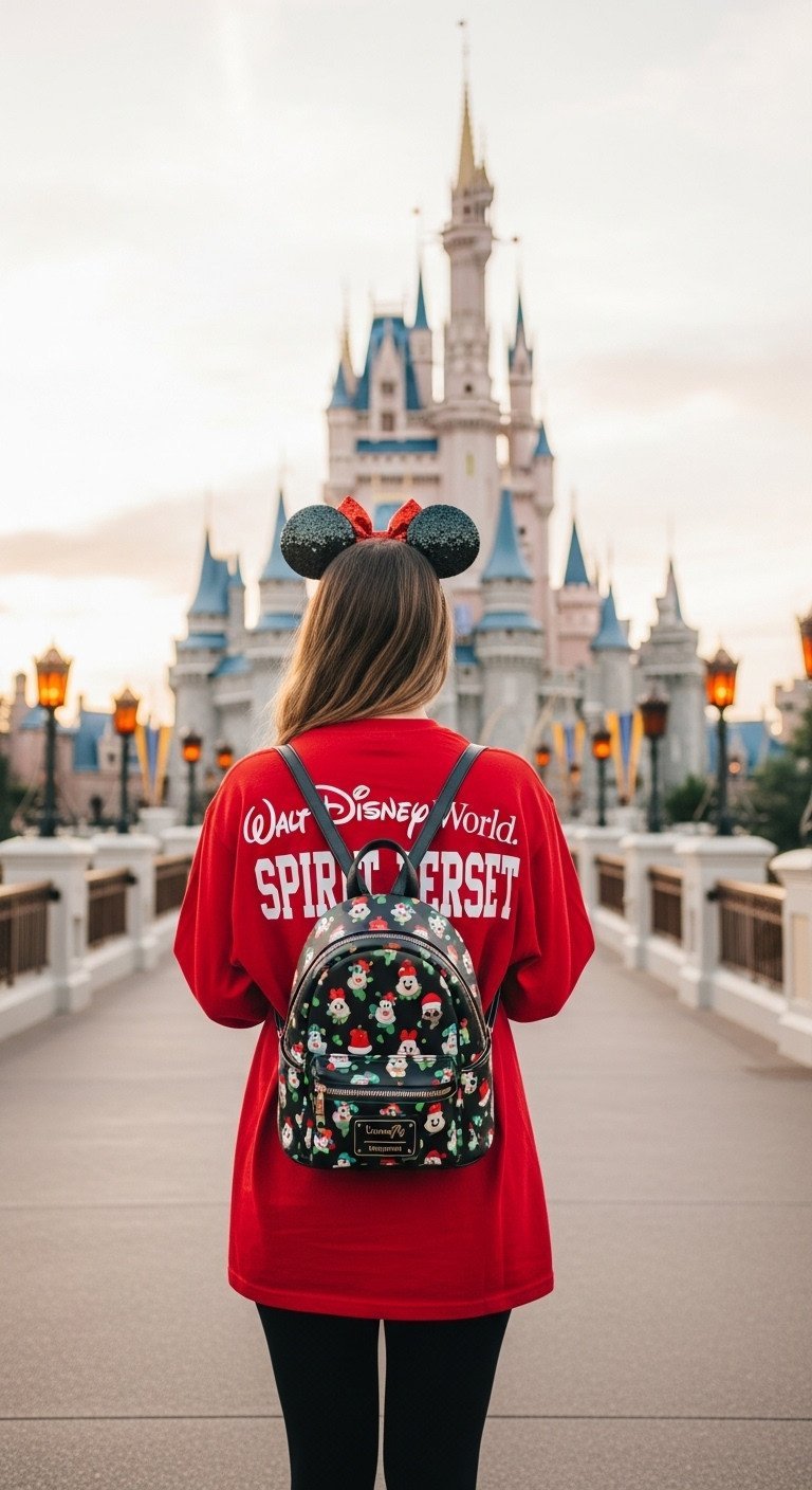 Woman in a red Disney Holiday Spirit Jersey and Minnie ears watches the sunset over Cinderella Castle at Walt Disney World.
