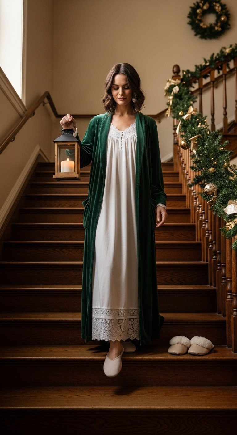 Woman in a white nightgown and green velvet robe descends a staircase holding a lantern in a festive hall.