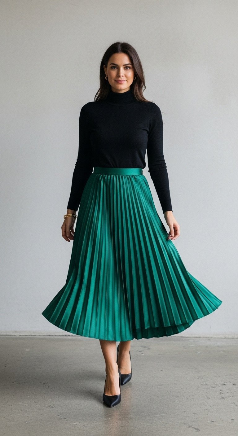 Woman in an emerald green pleated satin midi skirt and black turtleneck, accessorized with black pumps and a gold bracelet.