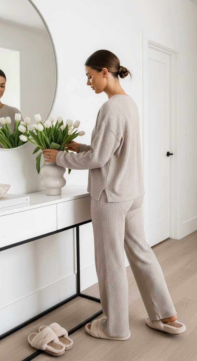 Woman in an oatmeal ribbed-knit loungewear set arranges white tulips in a vase in a minimalist entryway.