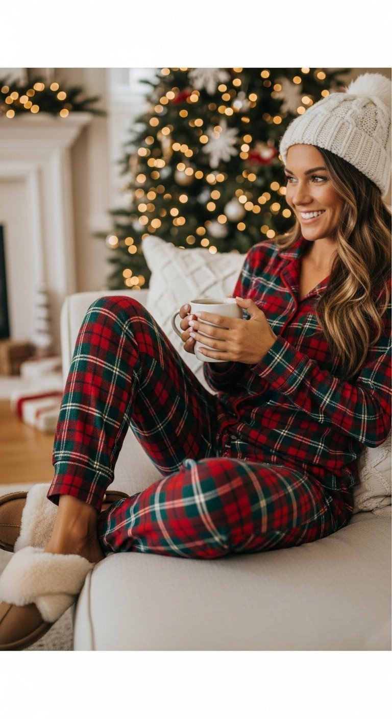 Woman in red tartan plaid flannel pajamas lounges on a sofa by a Christmas tree, holding a mug of hot chocolate.