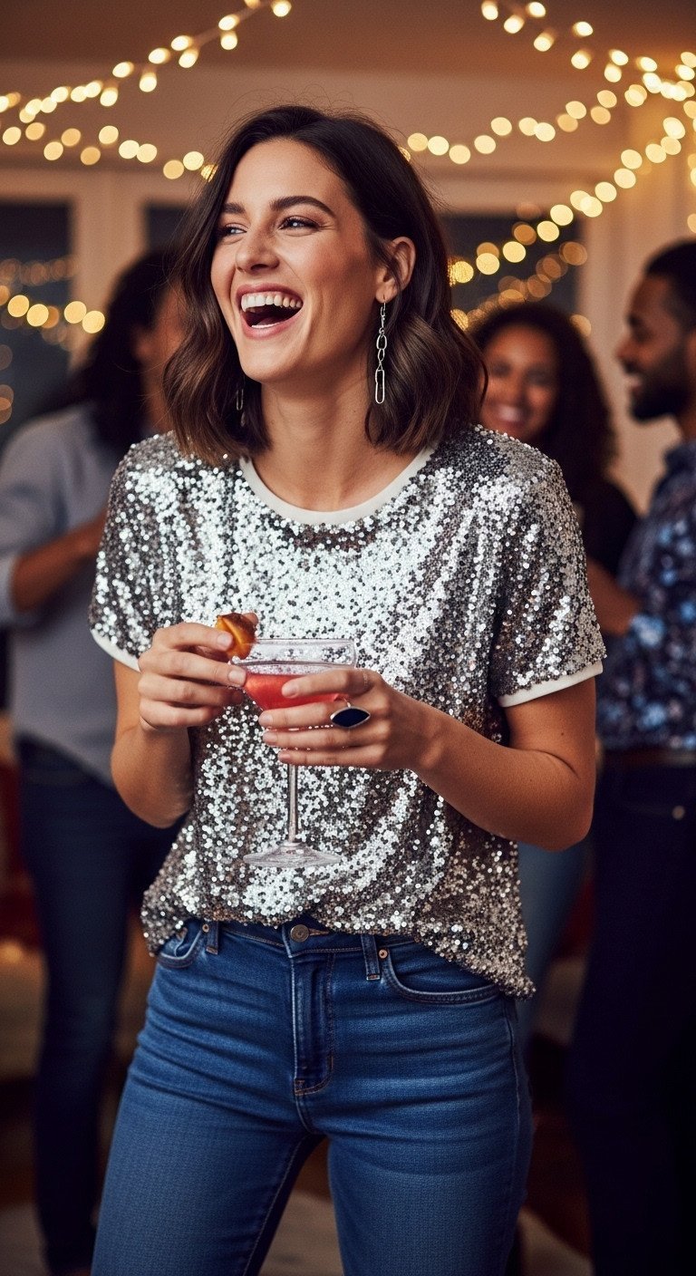 Woman laughing at a festive party, wearing a sparkling silver sequin t-shirt and dark wash jeans with party lights behind.