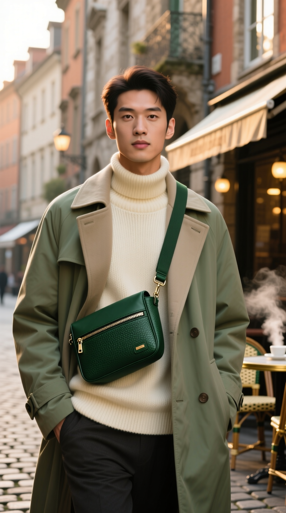 Woman wearing a stylish dark green anti-theft crossbody bag over a cream sweater for secure travel in a European city.
