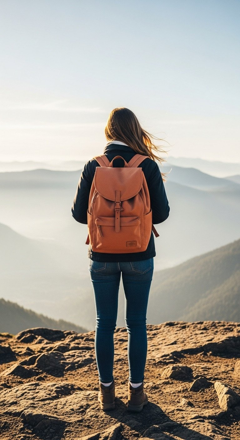 Woman wearing a sustainable terracotta travel backpack looks out over a scenic mountain landscape at golden hour sunrise.