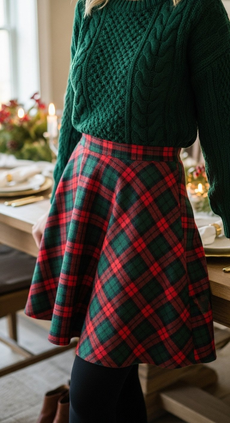 Woman's festive Christmas outfit with a green cable-knit sweater tucked into a red and green tartan plaid wool A-line skirt.