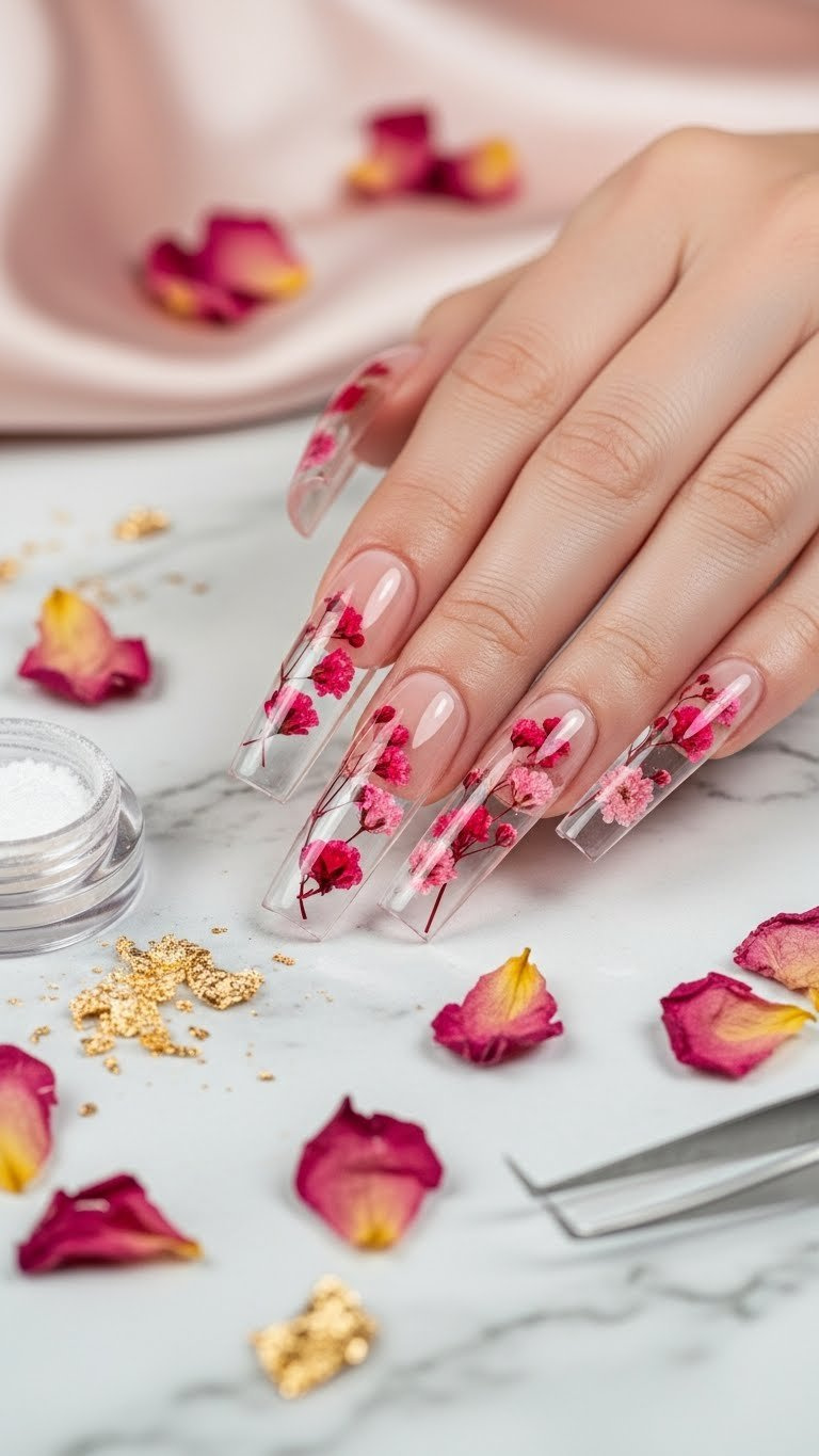 XL square acrylic nails, blush nude with encapsulated pink and red dried flowers, on marble with gold flakes.