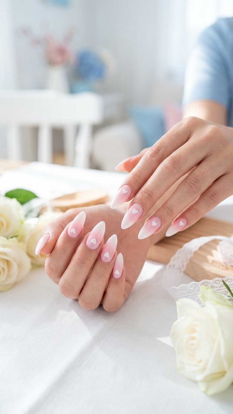 Y2K Valentine nails: long almond pink and white airbrush ombre, sharp white sweetheart detail, on linen.