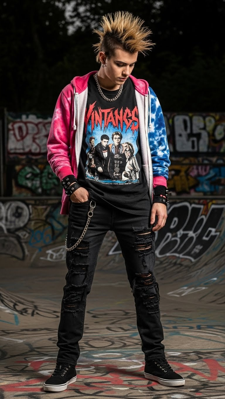 Y2K pop-punk: model in distressed low-rise jeans, graphic band tee, oversized hoodie, chains, spiked hair, skate park.