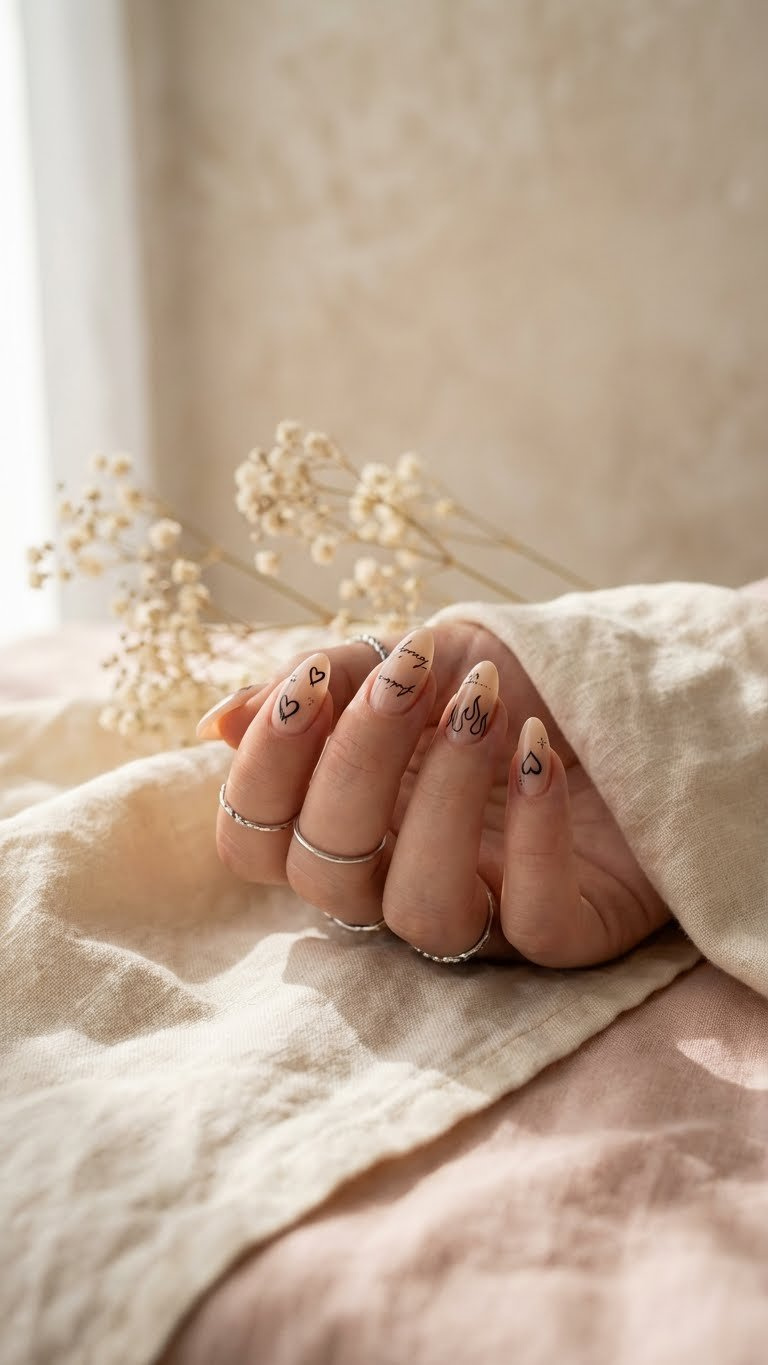 Y2K tattoo nails: medium almond, sheer base with intricate black micro-painted hearts, flames & script.