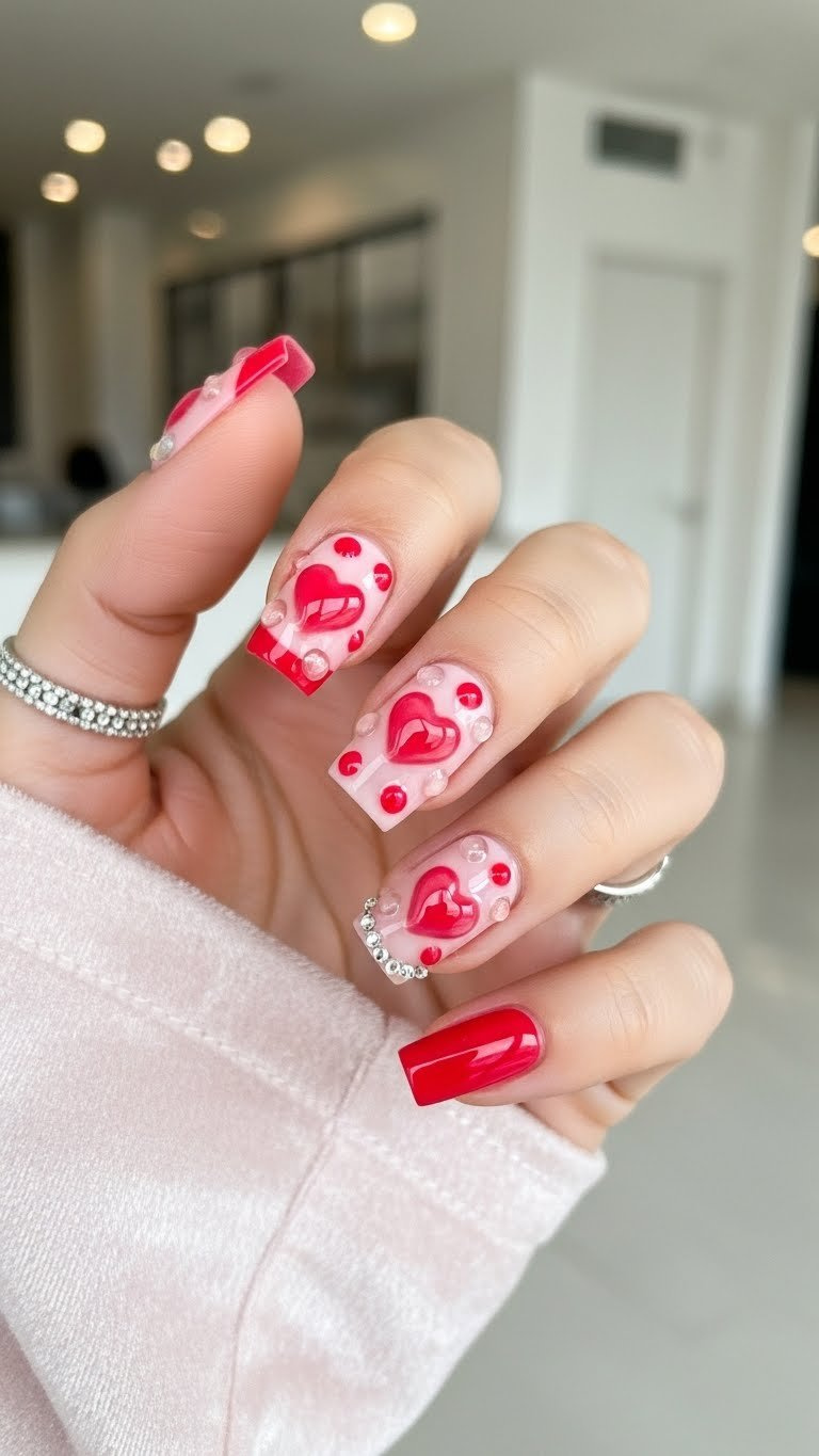 3D bubble heart nails featuring raised glossy transparent hearts on solid color base with velvet backdrop