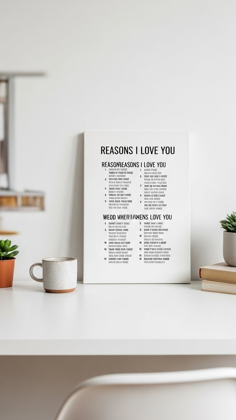 45-degree angle shot of a heartfelt Reasons I Love You canvas with minimalist design on clean white desk