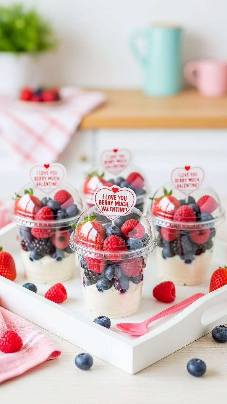 45-degree angle shot of clear plastic cups filled with fresh mixed berries on a white serving tray