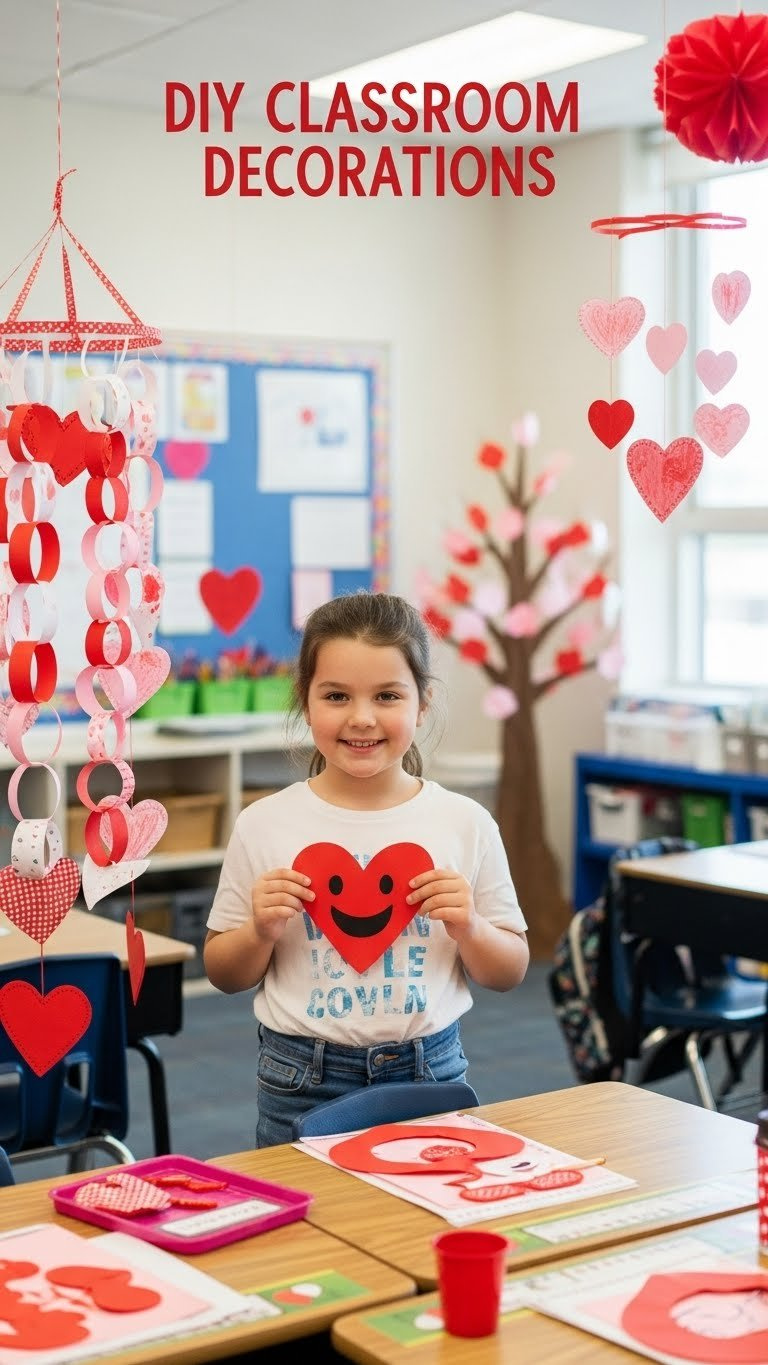 45-degree angle view of vibrant DIY Valentine's classroom decorations including paper heart chains and mobiles