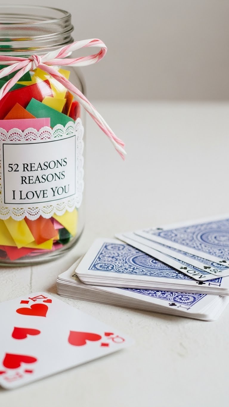 52 Reasons I Love You jar with colorful paper slips arranged on rustic wooden surface