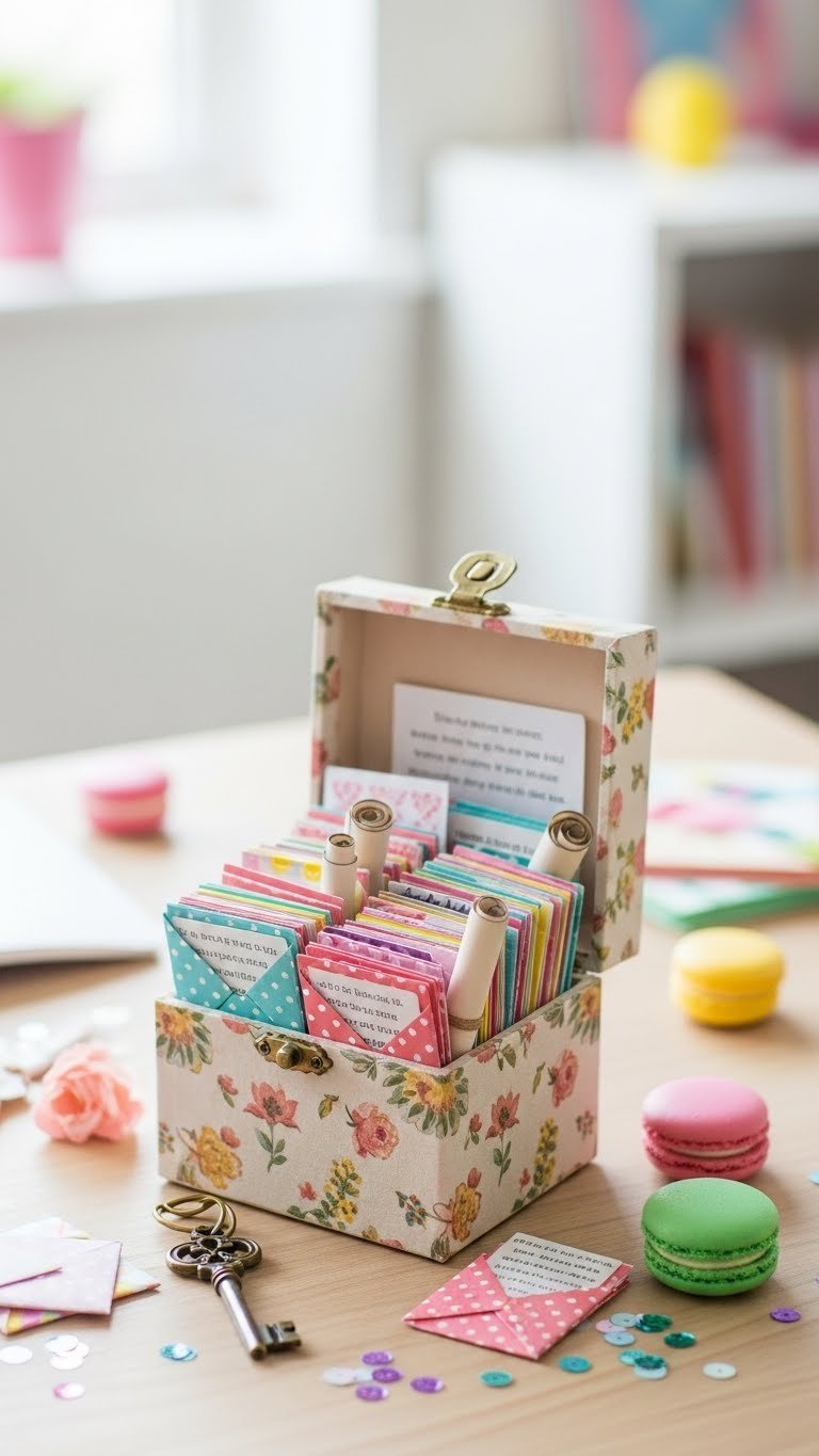 A decorative mini envelope message box spilling colorful tiny envelopes on light wooden desk with delicate key and macaron.