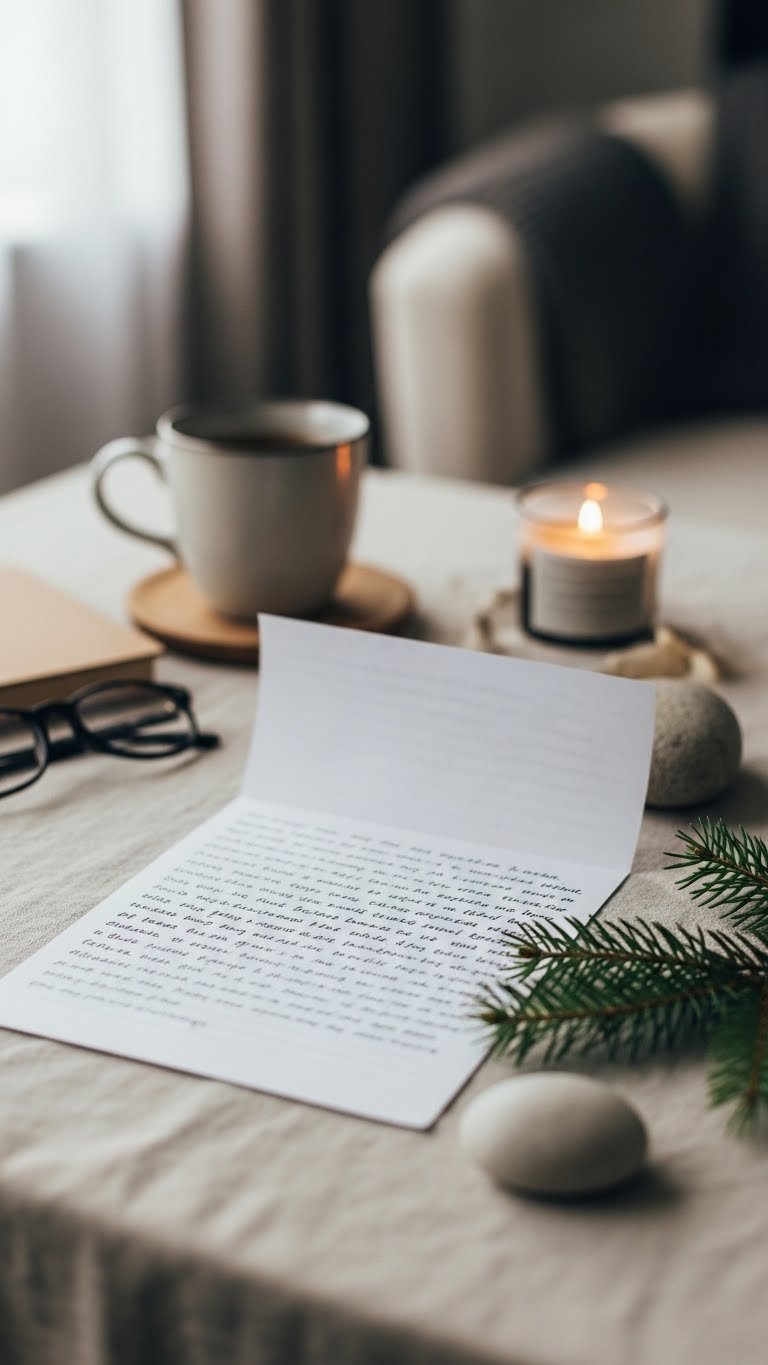 A handwritten strength and support letter on textured paper with river stone and ceramic mug on linen tablecloth.