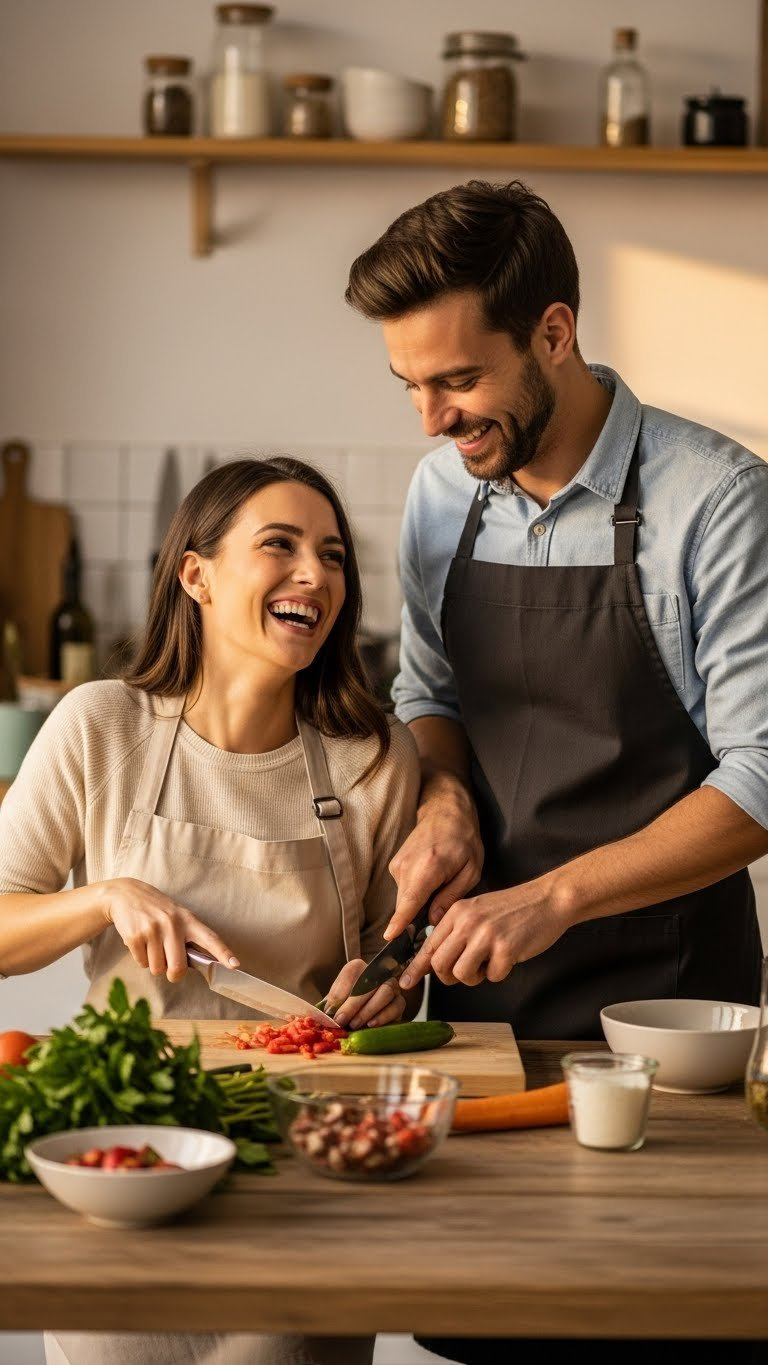A happy couple laughing while chopping vegetables together during a hands-on cooking class in a warm, rustic kitchen setting