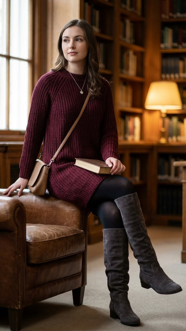 A student in a burgundy chunky knit sweater dress, black tights, and knee-high suede boots sits elegantly in a library setting.