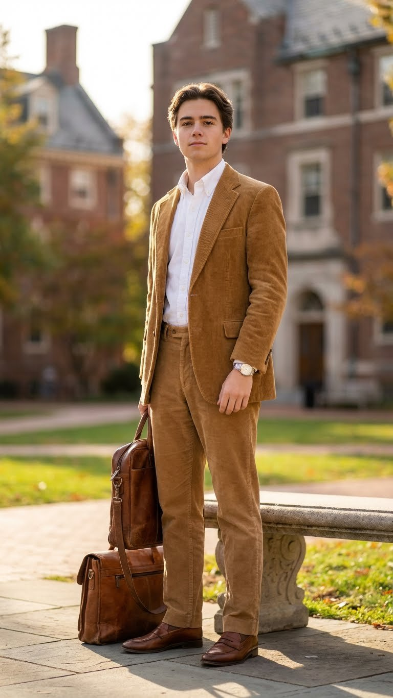 A student in a sophisticated camel corduroy blazer, white button-down, trousers, and loafers stands in a warm university library.