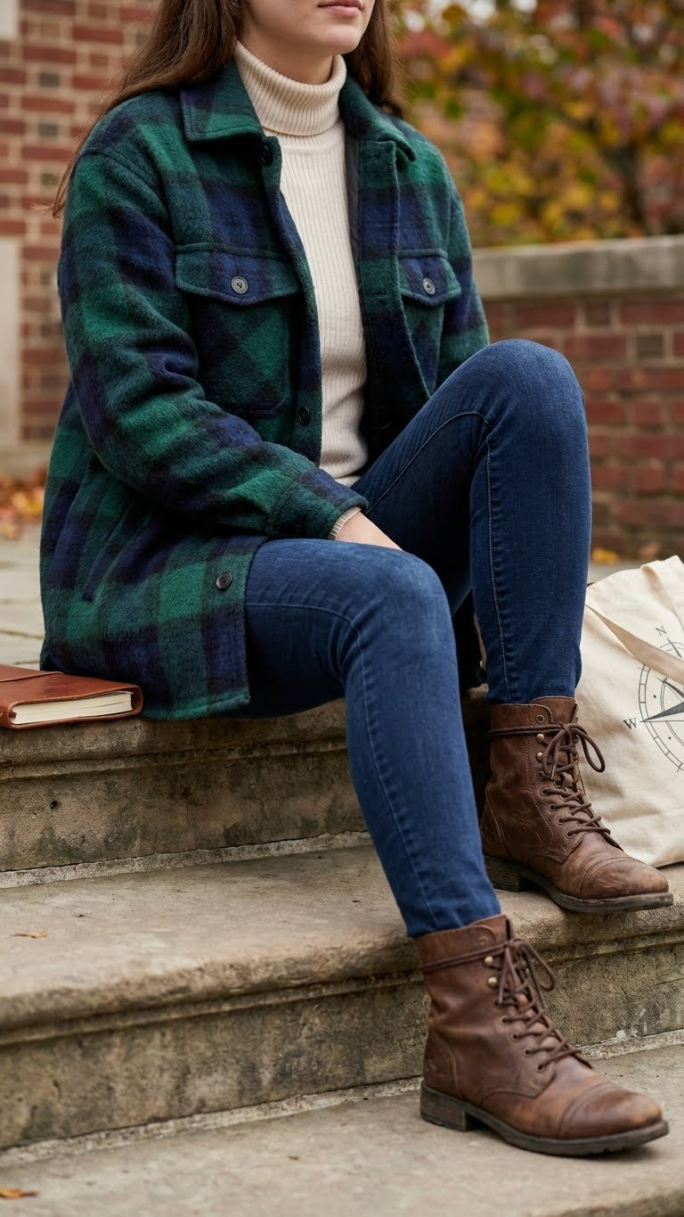 A student sports a forest green and navy plaid shacket, dark wash jeans, and combat boots outside a historic school building.