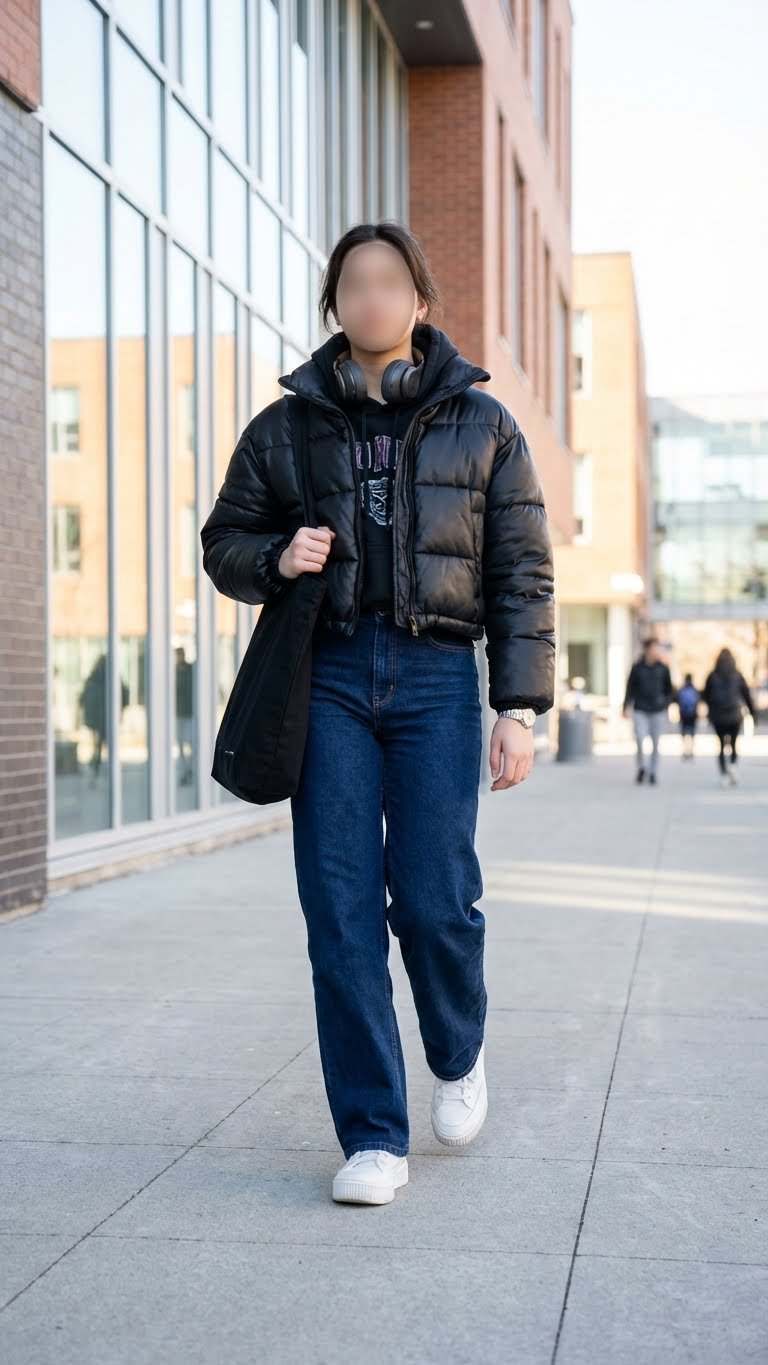 A student wears a stylish black cropped puffer jacket, graphic hoodie, wide-leg jeans, and chunky sneakers at a modern school.