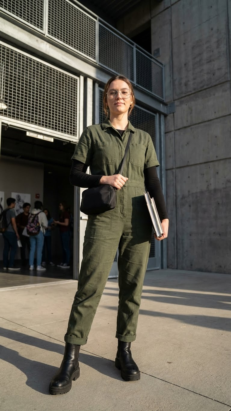 A student wears an edgy olive green utility jumpsuit and chunky lug-sole boots against a modern industrial school building backdrop.