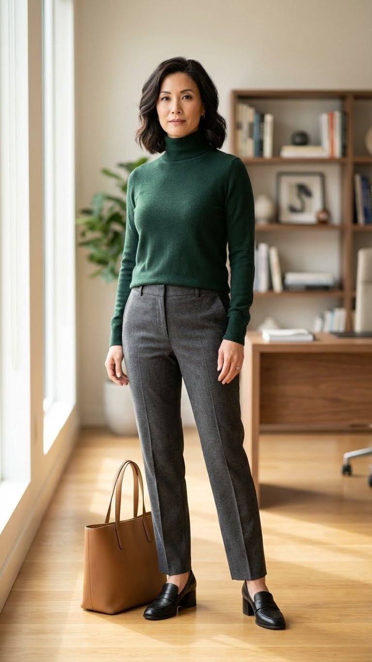 A stylish female professional wears a luxurious forest green cashmere sweater, charcoal grey wool trousers, carrying a sleek leather handbag in a modern office.