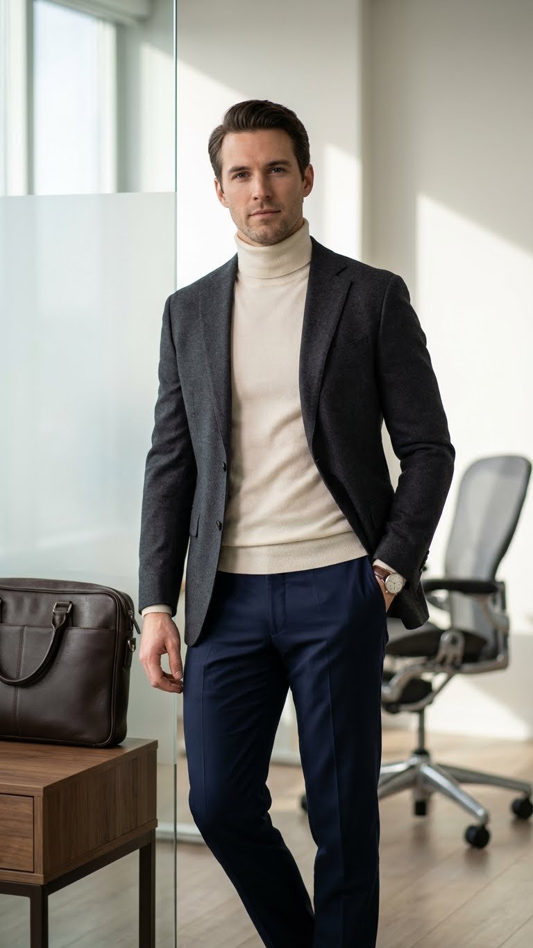 A stylish male professional in a dark grey blazer, cream turtleneck, navy trousers, with a leather briefcase in a contemporary office.