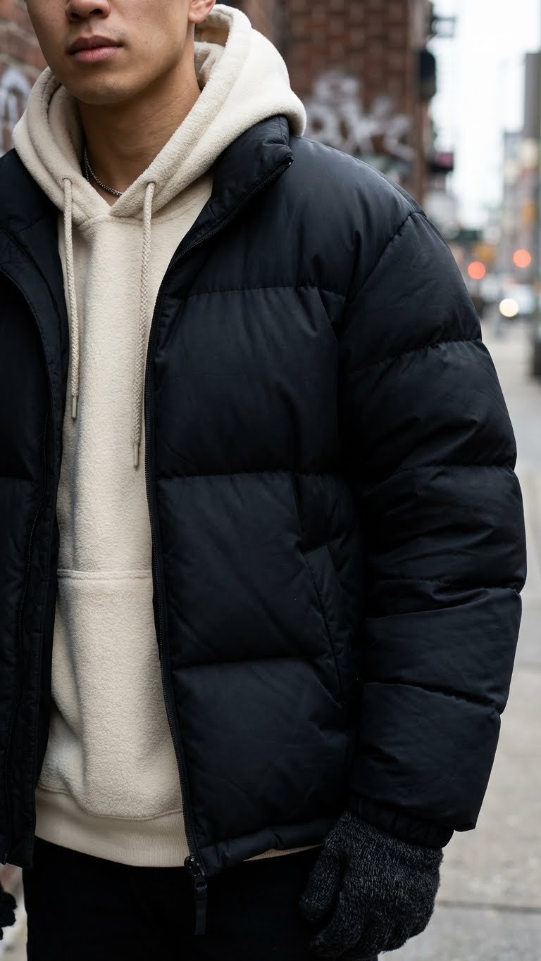 A stylish person wears an oversized matte black puffer jacket over a cream fleece hoodie with textured knit gloves in an urban winter streetwear scene.