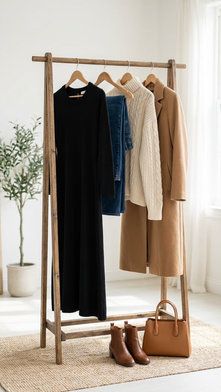 A well-curated modest winter capsule wardrobe featuring a black maxi dress, straight-leg jeans, chunky knit sweater, and camel coat.