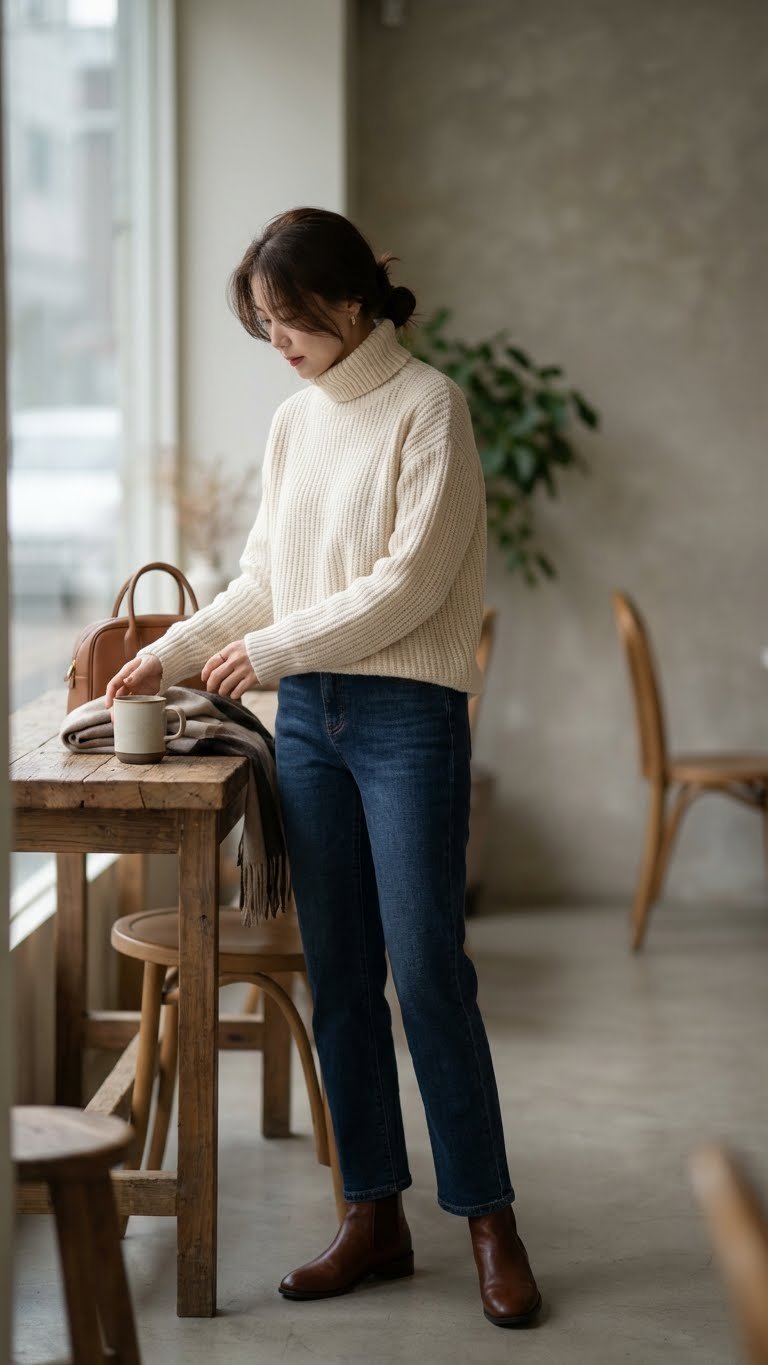 A woman in a chic winter outfit with dark wash jeans, a cream chunky knit turtleneck, and brown leather ankle boots sips coffee in a cozy cafe.