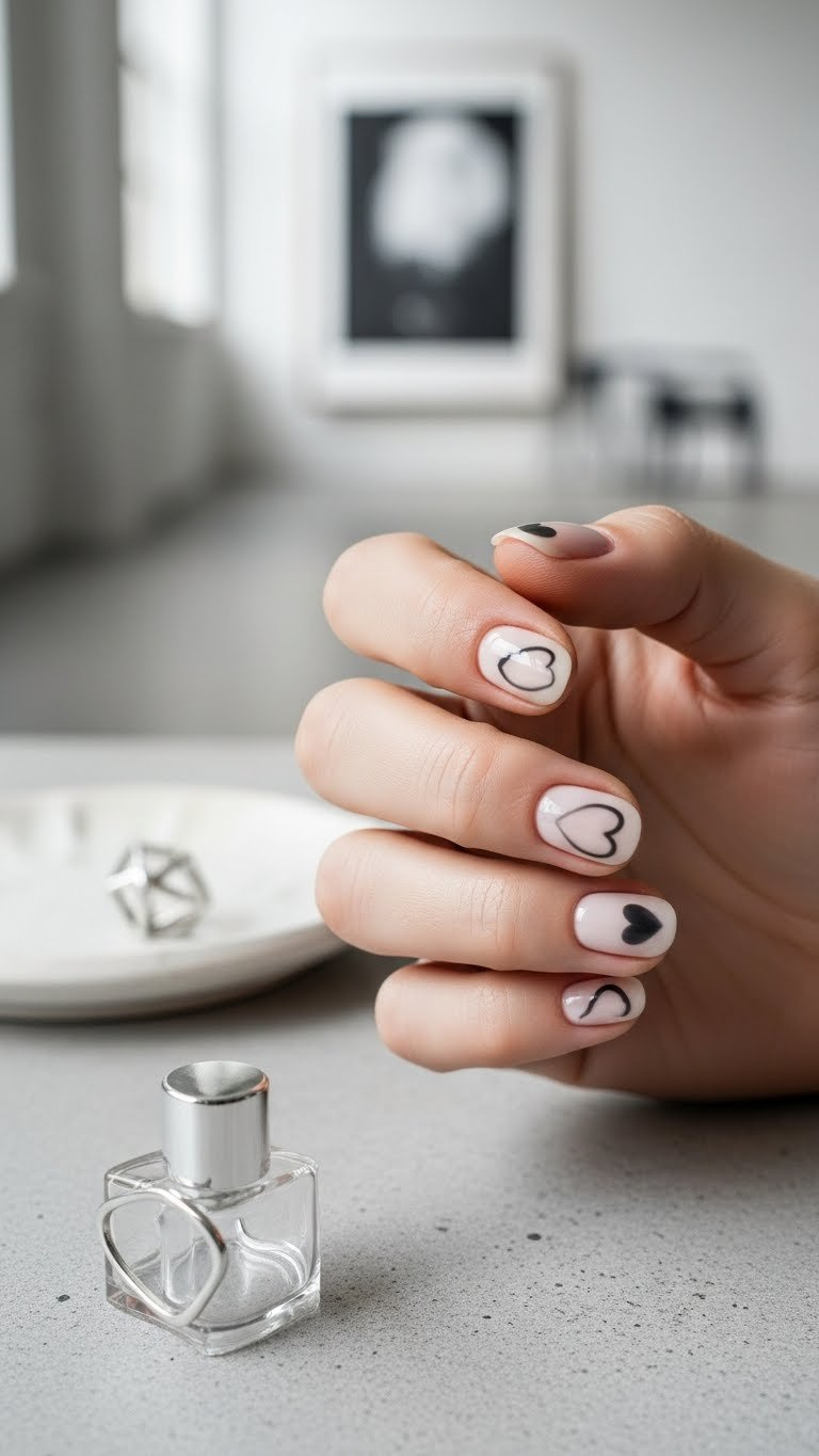 Abstract minimalist heart nails with monochromatic designs on subtle base against grey concrete surface