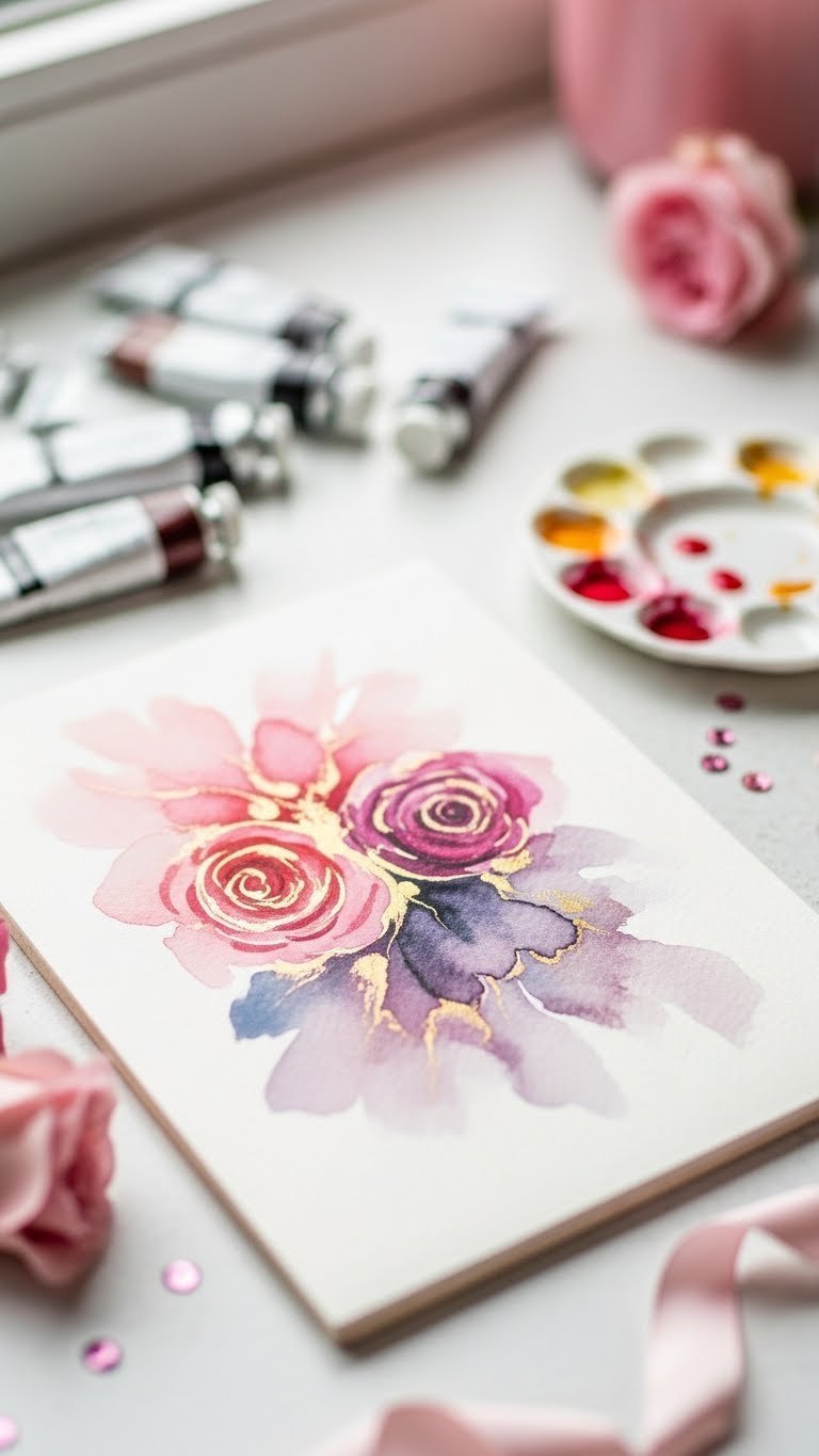 Abstract watercolor painting with romantic pink, rose, and lavender blends on white ceramic tile