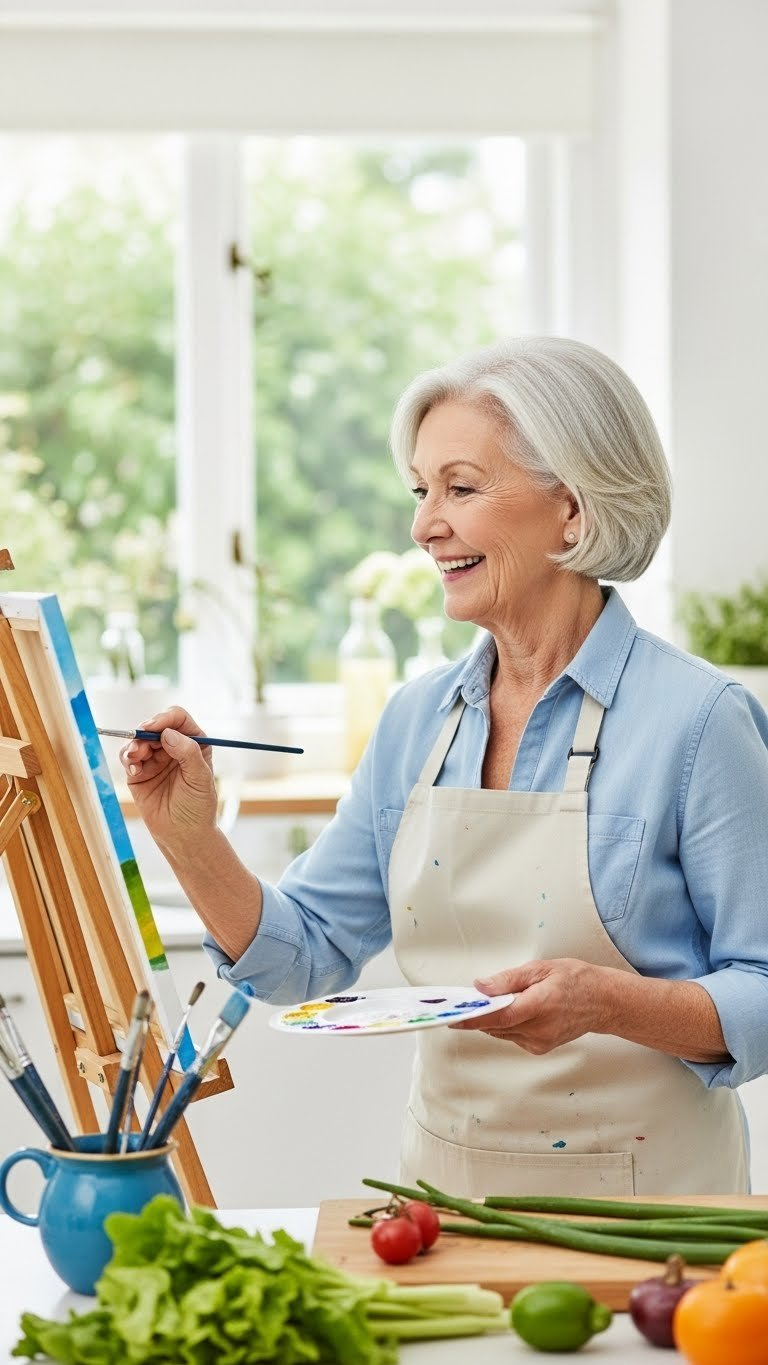 Active senior woman painting landscape in art class with vibrant colors and focused attention in bright studio setting