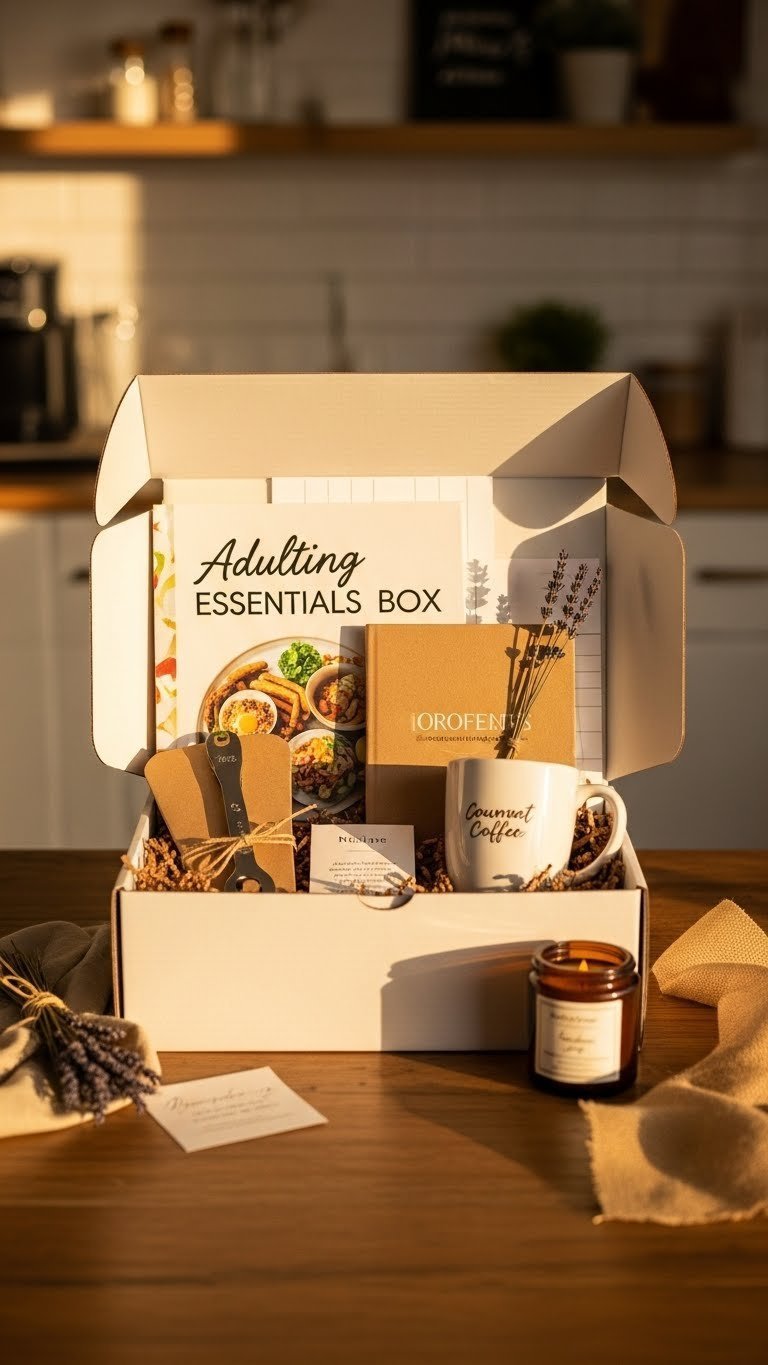 Adulting essentials gift box with tool kit and planner arranged on rustic wooden table with warm lighting