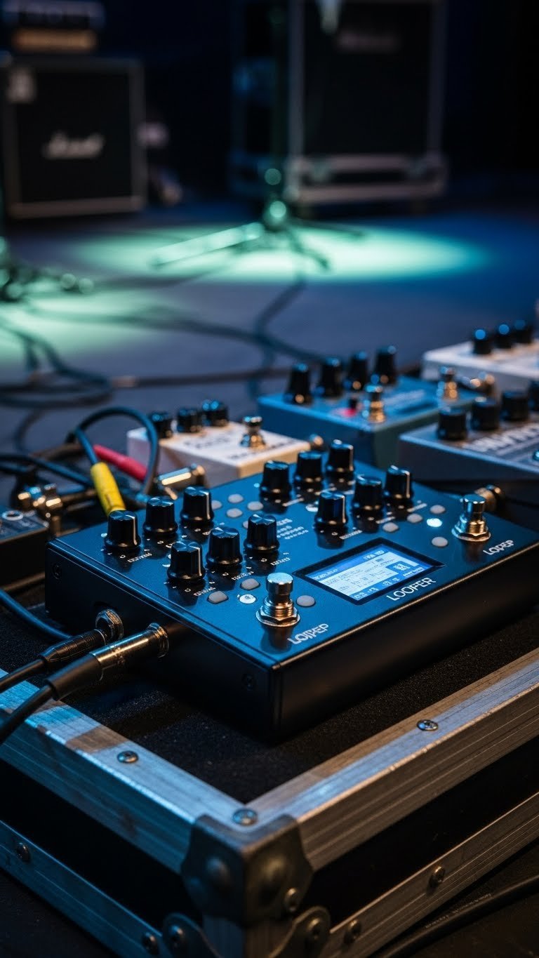 Advanced multi-track looper pedal on metal pedalboard with patch cables and guitar cable connections in dramatic lighting.